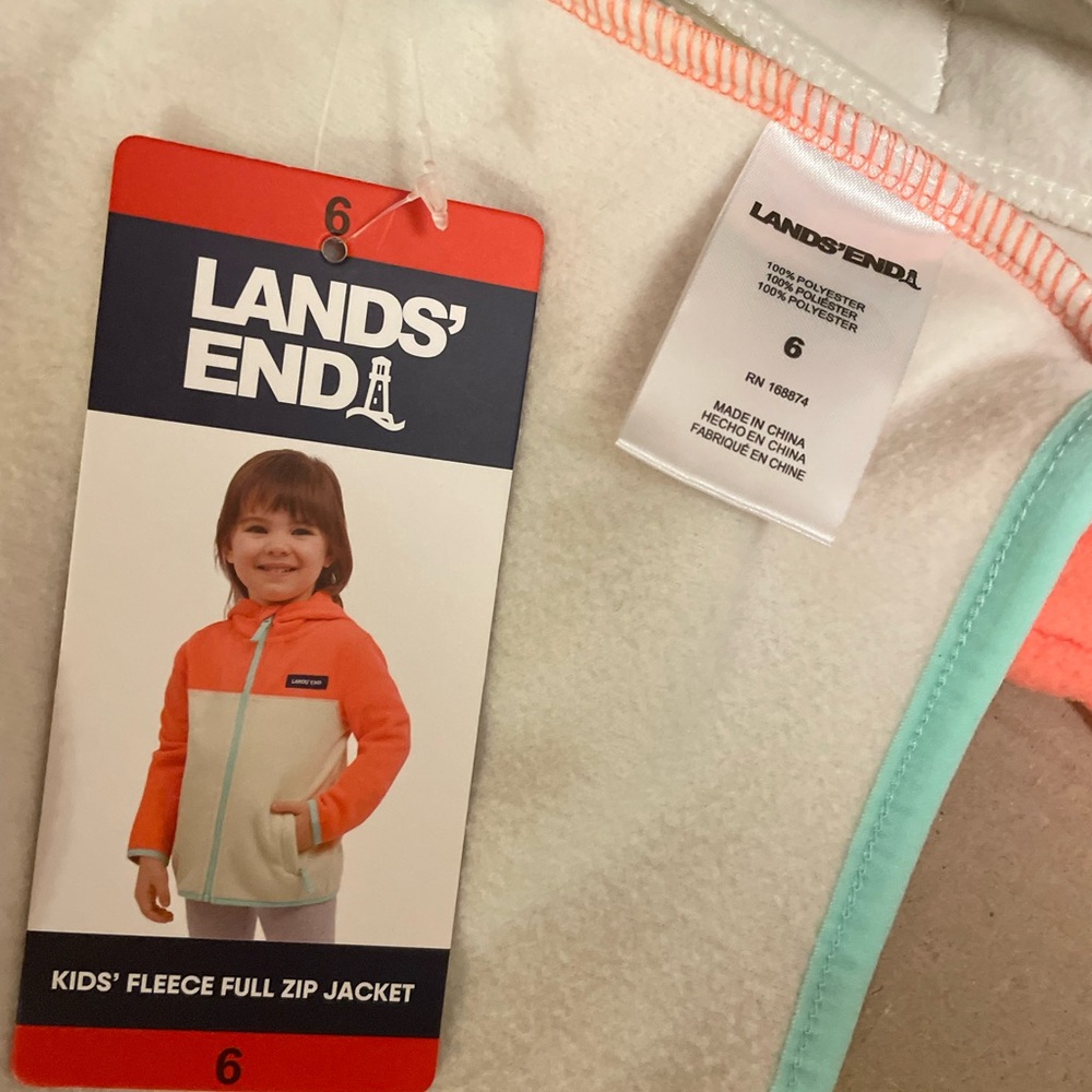 NWT - Lands’ End Kids Hooded Fleece Jacket Coral & Cream Print Full Zip. Size 6 - Picture 6 of 6